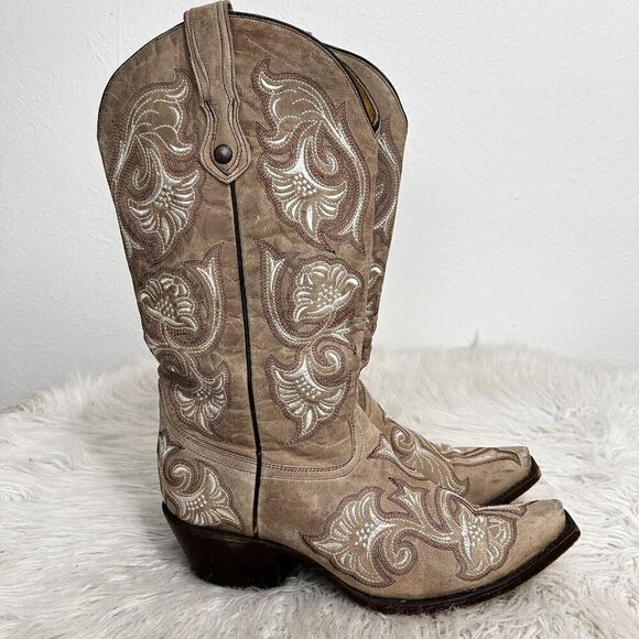 Corral Floral Full Stitched Cowboy Boots Beige Pull On Pointed Toe Leather 9.5 B - Picture 4 of 12